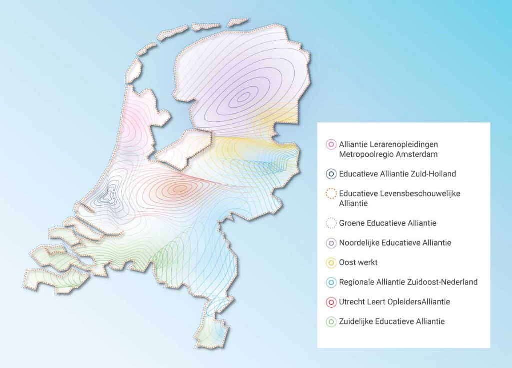 Kaart van Nederland met daarop aangegeven de regionale allianties lerarenopleidingen