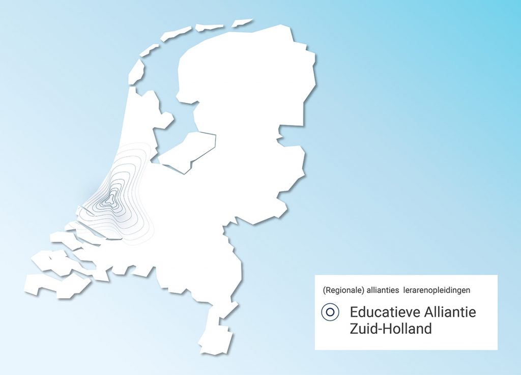 Kaart van Nederland met daarop aangegeven Educatieve Alliantie Zuid-Holland