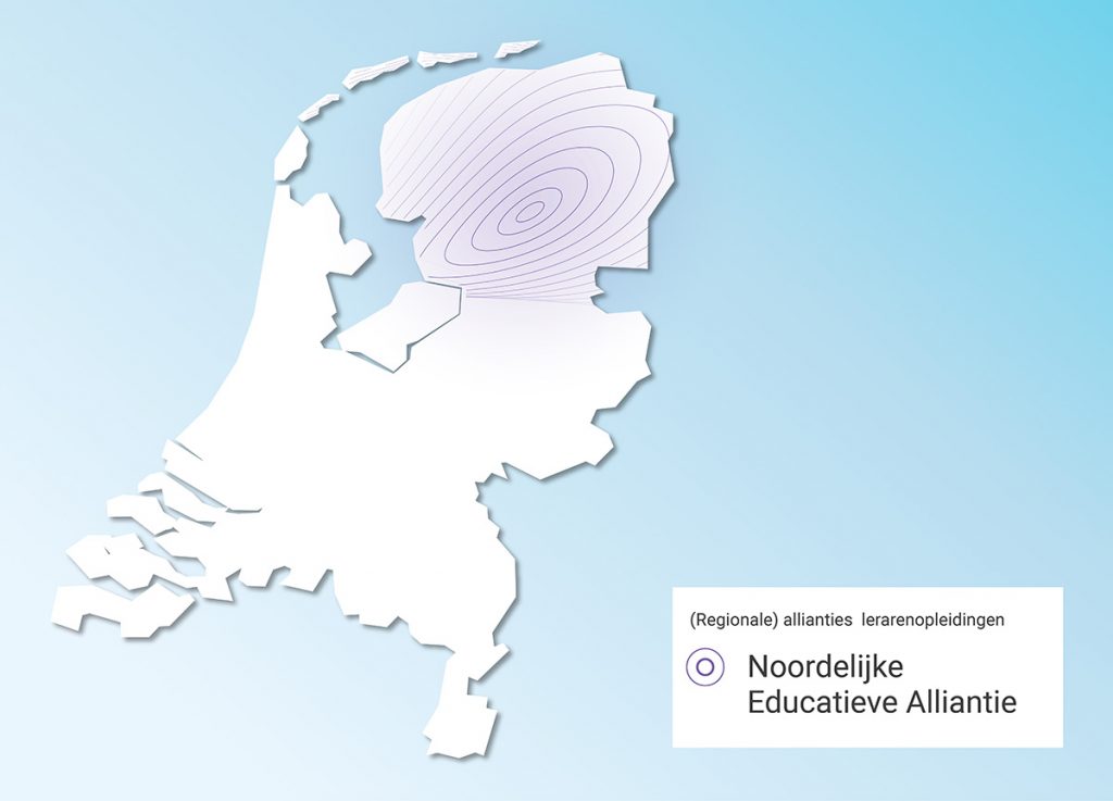 Kaart van Nederland met daarop aangegeven Noordelijke Educatieve Alliantie